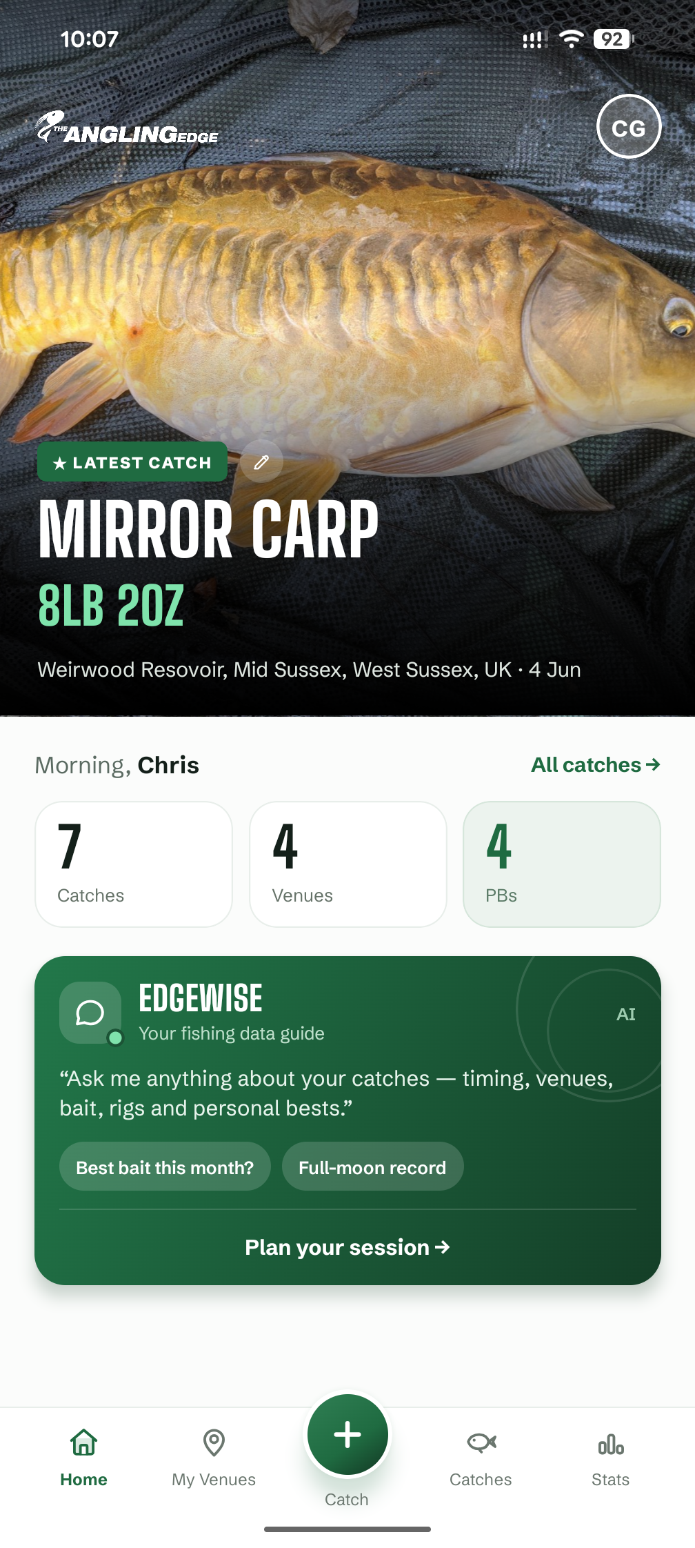 The Angling Edge app home screen